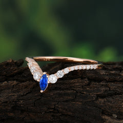 2 Prong Marquise & Round Cut Sapphire Curved Wedding Band Stacking Ring
