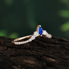 2 Prong Marquise & Round Cut Sapphire Curved Wedding Band Stacking Ring