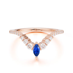 2 Prong Marquise & Round Cut Sapphire Curved Wedding Band Stacking Ring