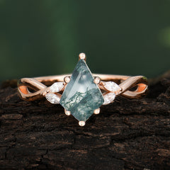 Nature Inspired Leaf Twisted Infinity Ring Kite Cut 2 Carat 6-Prong Natural Moss Agate Bridal Ring