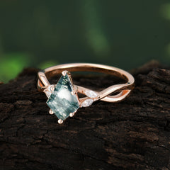 Nature Inspired Leaf Twisted Infinity Ring Kite Cut 2 Carat 6-Prong Natural Moss Agate Bridal Ring