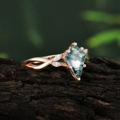 Nature Inspired Leaf Twisted Infinity Ring Kite Cut 2 Carat 6-Prong Natural Moss Agate Bridal Ring