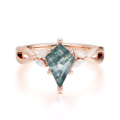 Nature Inspired Leaf Twisted Infinity Ring Kite Cut 2 Carat 6-Prong Natural Moss Agate Bridal Ring