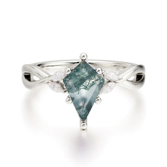 Nature Inspired Leaf Twisted Infinity Ring Kite Cut 2 Carat 6-Prong Natural Moss Agate Bridal Ring