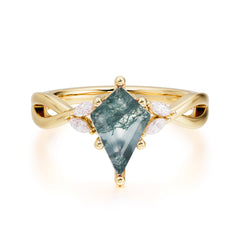 Nature Inspired Leaf Twisted Infinity Ring Kite Cut 2 Carat 6-Prong Natural Moss Agate Bridal Ring