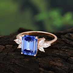 4CT Emerald Cut Sapphire Vintage 4 Prong Engagement Ring with Marquise Cluster