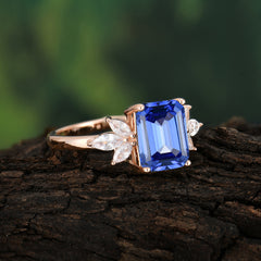 4CT Emerald Cut Sapphire Vintage 4 Prong Engagement Ring with Marquise Cluster