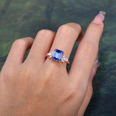 4CT Emerald Cut Sapphire Vintage 4 Prong Engagement Ring with Marquise Cluster