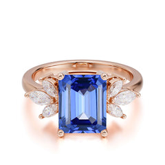 4CT Emerald Cut Sapphire Vintage 4 Prong Engagement Ring with Marquise Cluster