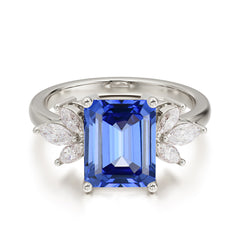 4CT Emerald Cut Sapphire Vintage 4 Prong Engagement Ring with Marquise Cluster