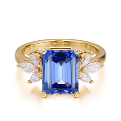 4CT Emerald Cut Sapphire Vintage 4 Prong Engagement Ring with Marquise Cluster
