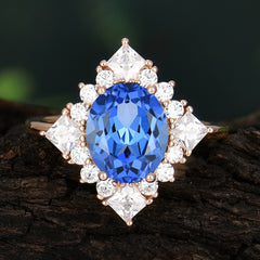 3CT Oval Cut 4 Prong Sapphire Engagement Ring Halo Princess Sapphire Women Wedding Anniversary Ring