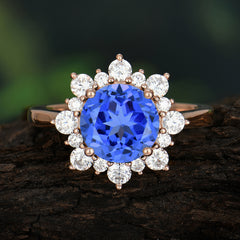 3CT Round Cut 4-Prong Sapphire Ring Cluster Halo Vintage Unique Engagement Ring Wedding Anniversary Birthday Gift Jewelry