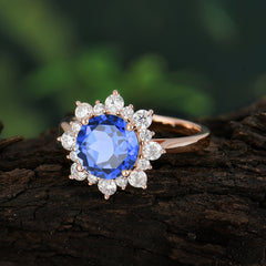 3CT Round Cut 4-Prong Sapphire Ring Cluster Halo Vintage Unique Engagement Ring Wedding Anniversary Birthday Gift Jewelry