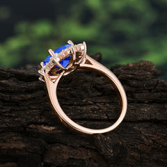 3CT Round Cut 4-Prong Sapphire Ring Cluster Halo Vintage Unique Engagement Ring Wedding Anniversary Birthday Gift Jewelry
