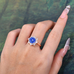 3CT Round Cut 4-Prong Sapphire Ring Cluster Halo Vintage Unique Engagement Ring Wedding Anniversary Birthday Gift Jewelry