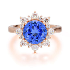 3CT Round Cut 4-Prong Sapphire Ring Cluster Halo Vintage Unique Engagement Ring Wedding Anniversary Birthday Gift Jewelry