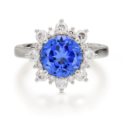 3CT Round Cut 4-Prong Sapphire Ring Cluster Halo Vintage Unique Engagement Ring Wedding Anniversary Birthday Gift Jewelry