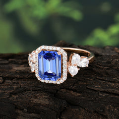 4CT Emerald Cut Sapphire 4 Prong Engagement Ring Vintage Classic Side Stones Halo Bridal Ring