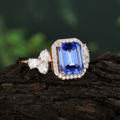 4CT Emerald Cut Sapphire 4 Prong Engagement Ring Vintage Classic Side Stones Halo Bridal Ring