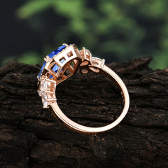 4CT Emerald Cut Sapphire 4 Prong Engagement Ring Vintage Classic Side Stones Halo Bridal Ring