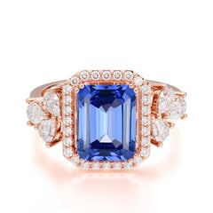 4CT Emerald Cut Sapphire 4 Prong Engagement Ring Vintage Classic Side Stones Halo Bridal Ring