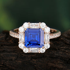 2.5CT Radiant Cut Sapphire Engagement Ring | 4 Prong Pave Halo Bridal Setting