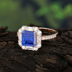2.5CT Radiant Cut Sapphire Engagement Ring | 4 Prong Pave Halo Bridal Setting