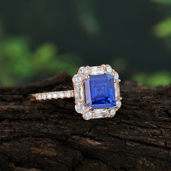 2.5CT Radiant Cut Sapphire Engagement Ring | 4 Prong Pave Halo Bridal Setting