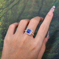 2.5CT Radiant Cut Sapphire Engagement Ring | 4 Prong Pave Halo Bridal Setting