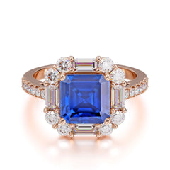 2.5CT Radiant Cut Sapphire Engagement Ring | 4 Prong Pave Halo Bridal Setting