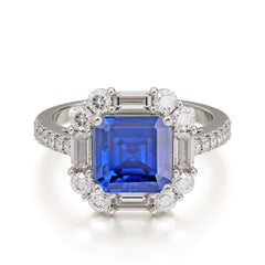 2.5CT Radiant Cut Sapphire Engagement Ring | 4 Prong Pave Halo Bridal Setting