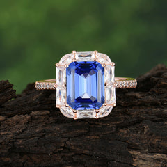 4CT Emerald Cut 8 Prong Sapphire Engagement Ring Pave Halo Bridal Ring
