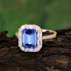 4CT Emerald Cut 8 Prong Sapphire Engagement Ring Pave Halo Bridal Ring