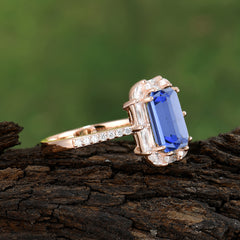 4CT Emerald Cut 8 Prong Sapphire Engagement Ring Pave Halo Bridal Ring