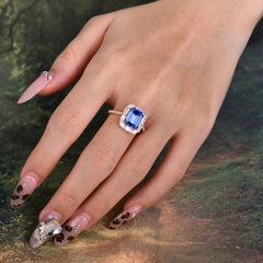 4CT Emerald Cut 8 Prong Sapphire Engagement Ring Pave Halo Bridal Ring