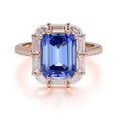 4CT Emerald Cut 8 Prong Sapphire Engagement Ring Pave Halo Bridal Ring