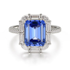 4CT Emerald Cut 8 Prong Sapphire Engagement Ring Pave Halo Bridal Ring