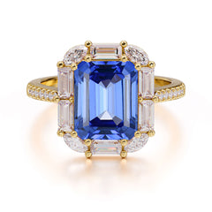 4CT Emerald Cut 8 Prong Sapphire Engagement Ring Pave Halo Bridal Ring