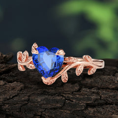 Unique Design Heart Cut 3 Prong Sapphire Leaf Engagement Ring