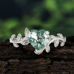 Unique Design Heart Cut 3 Prong Natural Moss Agate Leaf Engagement Ring