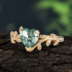 Unique Design Heart Cut 3 Prong Natural Moss Agate Leaf Engagement Ring
