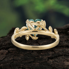 Unique Design Heart Cut 3 Prong Natural Moss Agate Leaf Engagement Ring