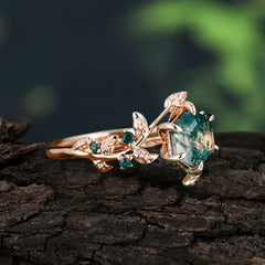 6 Prong Hexagon Cut Natural Moss Agate Vine Flower Ring