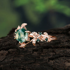 6 Prong Hexagon Cut Natural Moss Agate Vine Flower Ring