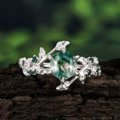 6 Prong Hexagon Cut Natural Moss Agate Vine Flower Ring