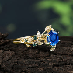 6 Prong Hexagon Cut Sapphire Vine Flower Ring