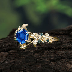 6 Prong Hexagon Cut Sapphire Vine Flower Ring