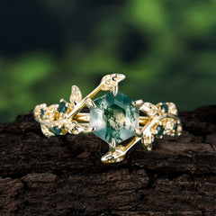 6 Prong Hexagon Cut Natural Moss Agate Vine Flower Ring