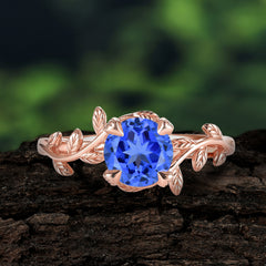 4 Prong Round Cut Sapphire Nature Inspired Leaf Engagement Ring